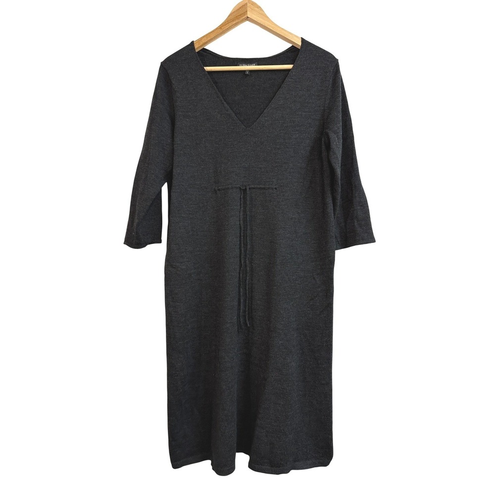 Eileen Fisher 100% Italian Merino Wool V Neck Midi Sweater Dress Charcoal Gray M - Picture 2 of 6